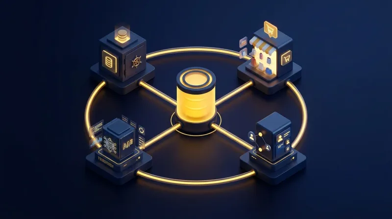 Vier Systeme — Datenbank, Shop, KI-Dienst und CRM — sind sternförmig an eine zentrale Integrationsschicht angebunden statt untereinander.